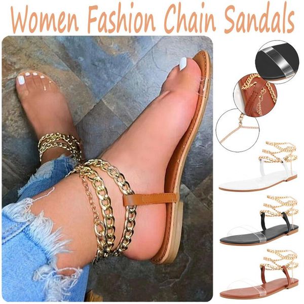 

summer style flat sandals fashion solid transparent chain open toe casual buckle strap shoes outdoor women's, Black