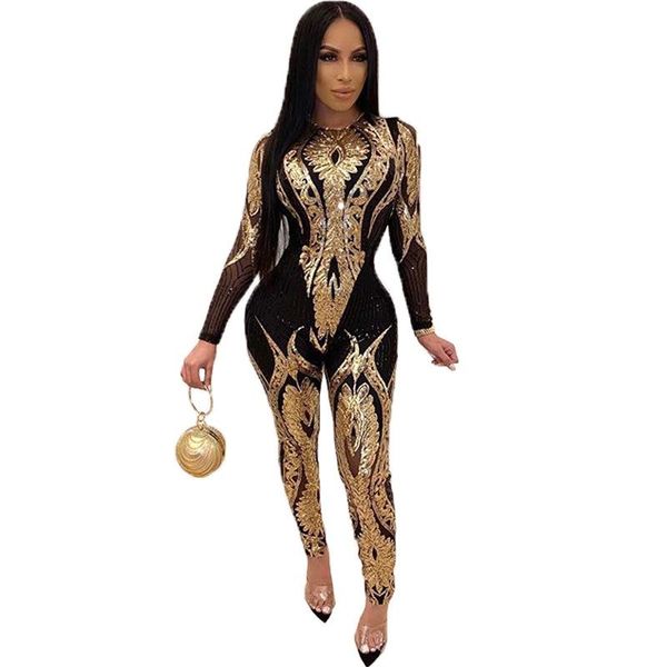 

women's jumpsuits & rompers gold silver sequin bodycon mesh jumpsuit women see through party club tight long pants, Black;white