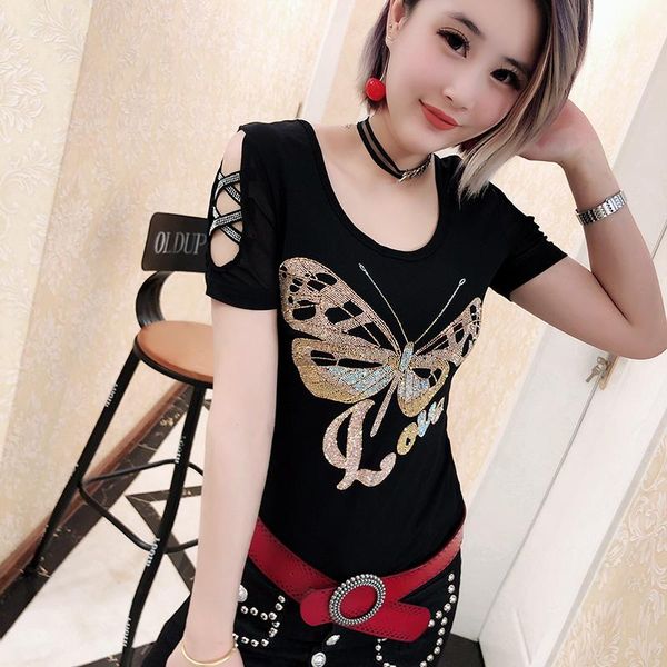 

women's t-shirt 2021 spring and summer hollow out diamond mesh beautiful back short-sleeved blouse all-match, White