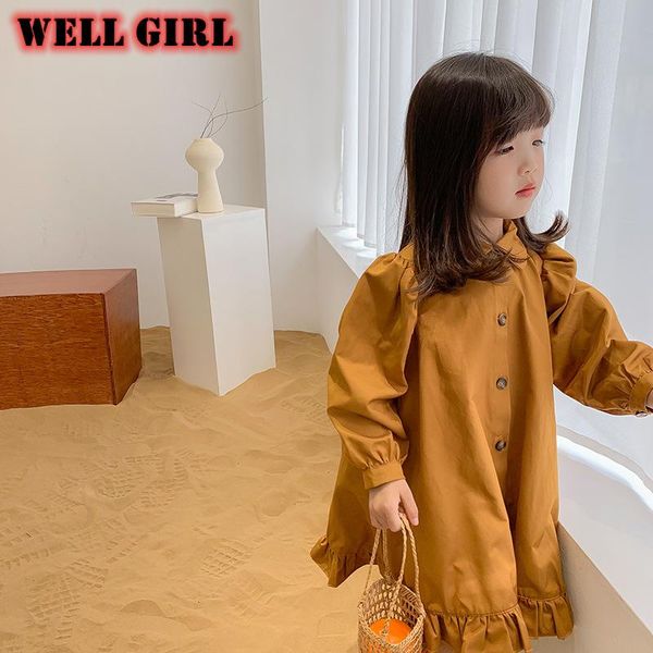 

girls clothes toddler mini dress shirt elegant ruffles ruched button up vestidos baby children fall spring 2 to 12 years old girl's dre, Red;yellow