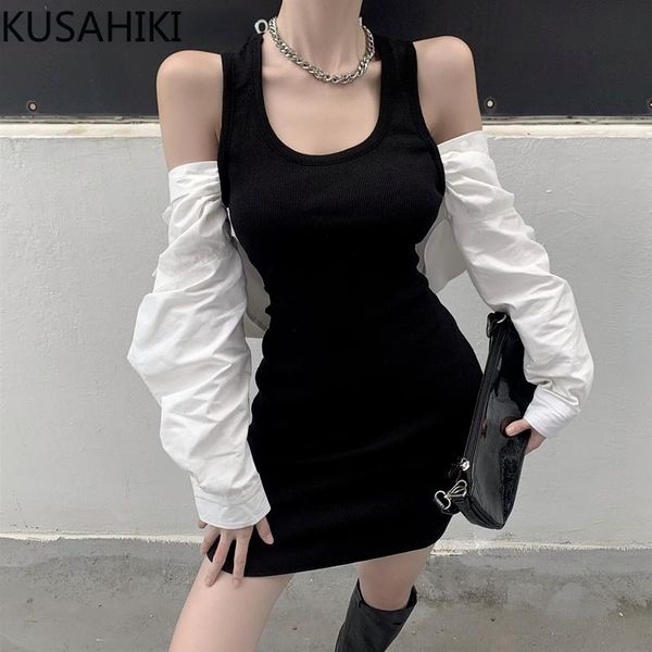 

casual dresses kusahiki fake two pieces knitted blouse patchwork slim bodycorn dress women tank sweater vestidos 2021 6z853, Black;gray