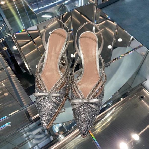 

dress shoes summer style pointed sequins rhinestone stiletto high heel bridal wedding baotou banquet all-match female sandal, Black