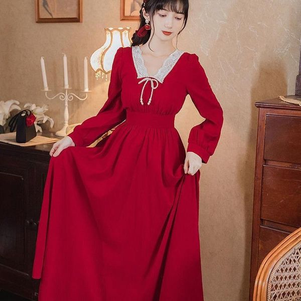 

casual dresses 2021 spring autumn dress retro square collar lace hepburn style vintage long sleeve high waist slim fit bottoming vestidos, Black;gray