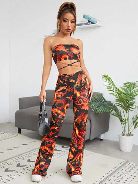 

fire dragon print flare leg pants f0a8#, Black;white