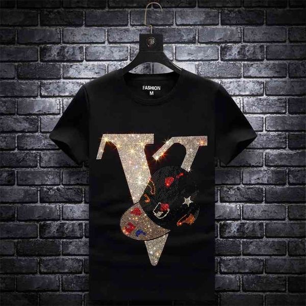 

letter rhinestones t shirts men brand short sleeve fashion man streetwear o neck slim modal cotton tshirts plus size 7xl 210322, White;black