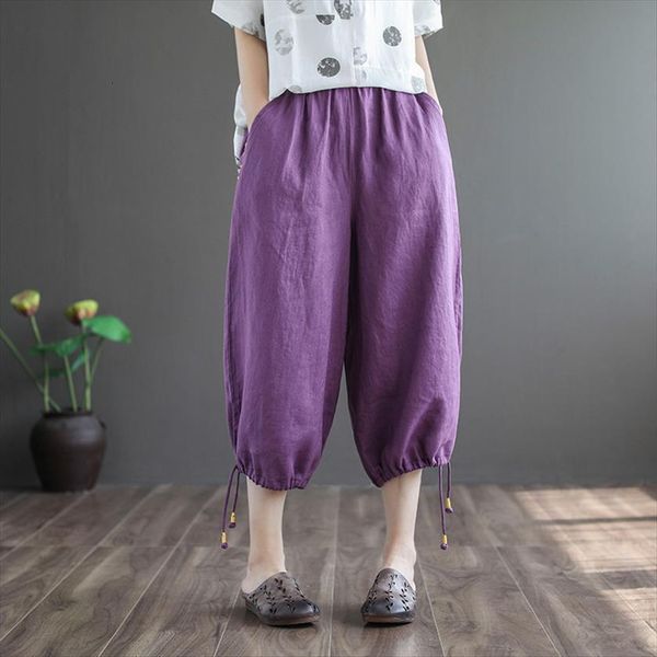 

cotton linen retro embroidery drawstring womens pants elastic waist wide leg summer loose all match women, Black;white