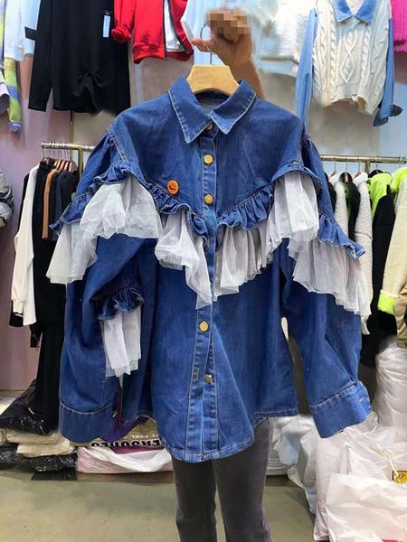 

women's blouses & shirts 2021 spring summer sweet denim shirt blusa women elegant lace ruffled stitching long sleeve button up blouse f, White