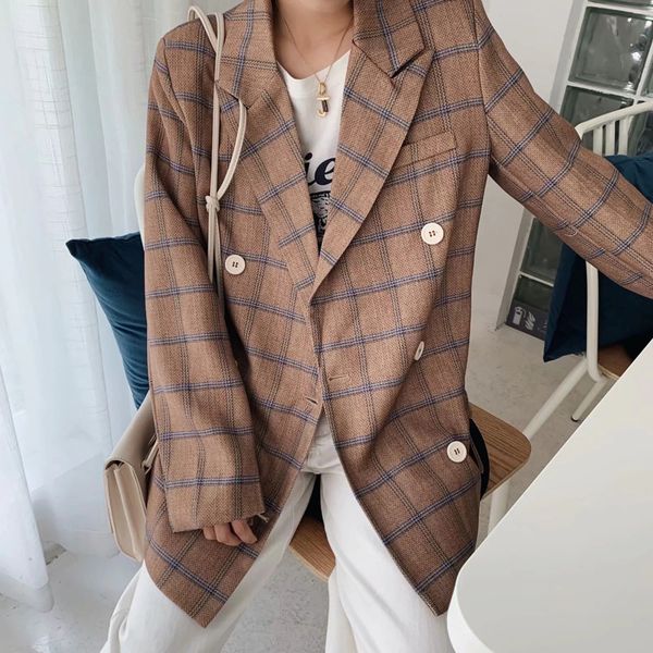 

exquisite high-end suit wind women's autumn commuter contrast plaid double breasted coat loose 27345, White;black