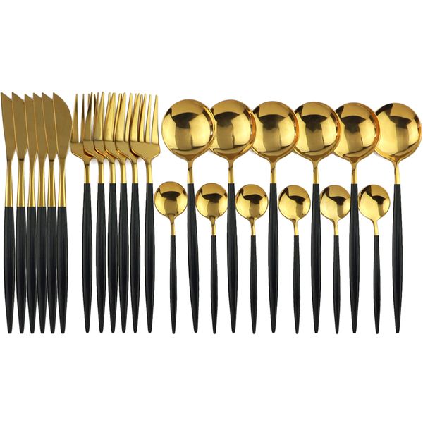 

jankng 24pcs dinnerware set stainless steel cutlery set kitchen tableware knife fork spoon flatware black gold silverware for 6
