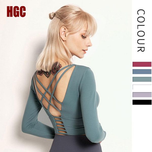 

yoga outfit hgc sports women long sleeve open back exercise elastic gym t-shirt with breast pad fitness beautiful backt blouse