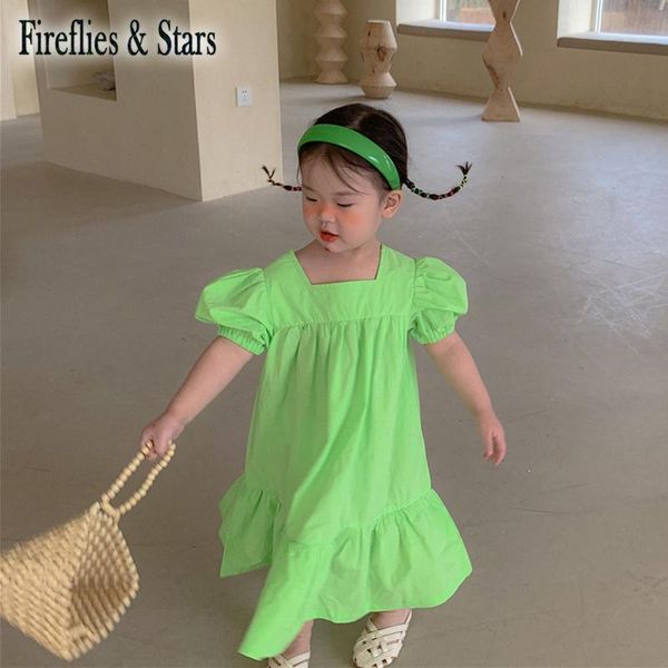 

summer girls dress baby vacation vestidos kids long children clothes fashion square collar bright color pleated 1 to 7 yrs girl's dress, Red;yellow