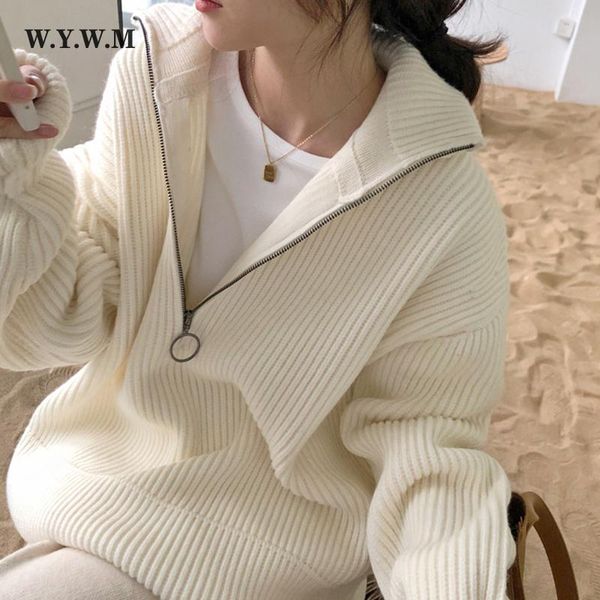 

women's sweaters wywm pit stripes cashmere women loose casual knited pullovers ladies 2021 winter zipper turn-down collar thick jumper, White;black