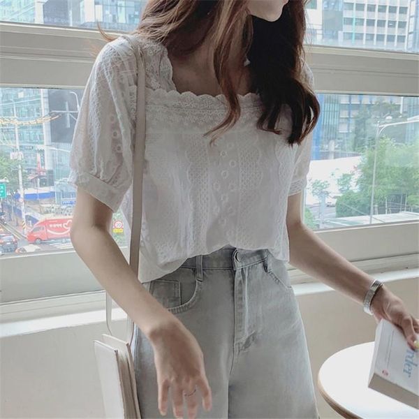 

women's t-shirt 2021 korea style square collar lace shirt for women sweet t-shirts female fashion trendy tees solid color clothing, White