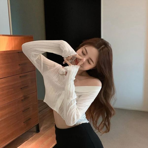 

viscose fiber knitted sunscreen white women blouses cardigan summer short v neck long sleeve style thin outdoor elegant girl