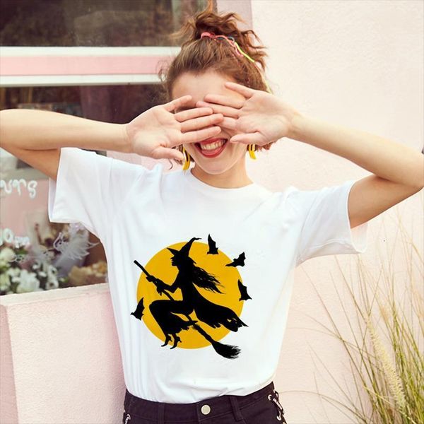 

witch riding a broom men t shirts printed and women short sleeve harajuku white thin section summer female clothing, White;black