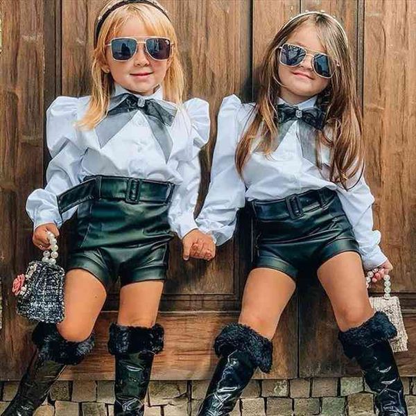 

fashion kids girls outfits clothes autumn school uniforms baby girl bow tie puff sleeve shirts pu leather shorts set 1, White