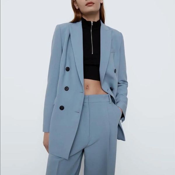 

women's two piece pants vintage long sleeves outerwear and high waist ol suits women fashion 2-piece set office wear double breasted bl, White