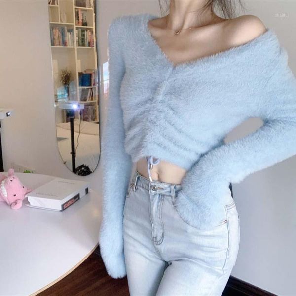 

mohair knitting women sweater pullovers v-neck drawstring solid long-sleeved slim short empire female pulls outwear women's sweaters, White;black