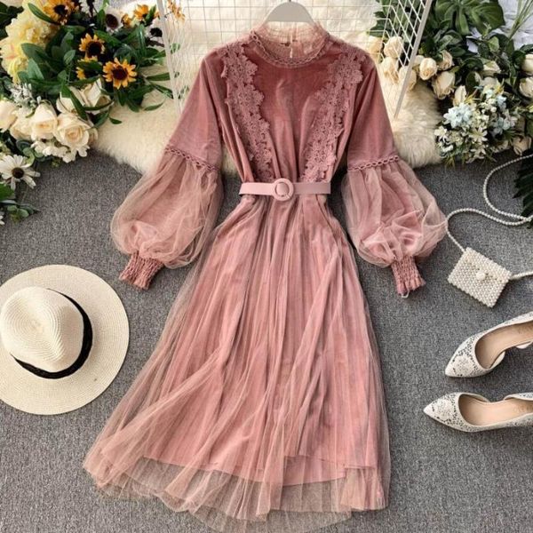 

casual dresses spring autumn winter women lace party birthday dress elegant female long lantern sleeve sashes ladies vestidos jw5056, Black;gray