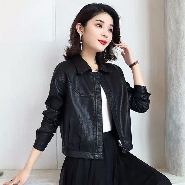 

women's leather & faux women autumn jacket female long sleeve biker coat short single breasted pu motorcycle loose outerwear x631, Black