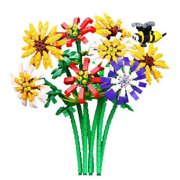 MOC Multi Color Vase Dekoration Blume Bausteine Orchidee Chrysantheme Sonnenblumenblüte Modell Ziegel Spielzeug für Kinder Geschenk Q0823