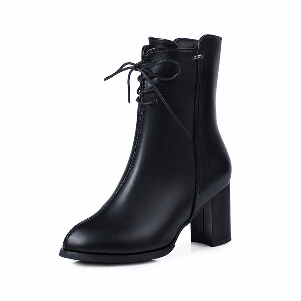 

boots mid-calf women's boots black leather woman's shoes lace up square winter high heels more size 7f2q