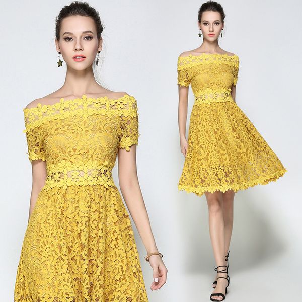 

boutique dress women's summer one line collar medium length lace versatile a-line skirt, Black;pink