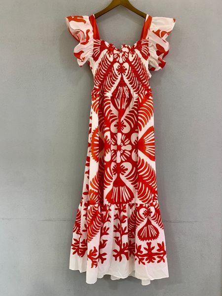 

2021 summer fashion print fly sleeve square neck long swing dress, Black;gray