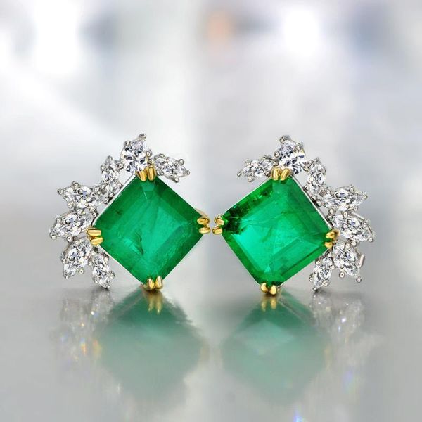 

stud 2021 trend women's 925 silver stamp earrings 10*10mm natural stone emerald lab diamond wedding party earring fine jewelry, Golden;silver