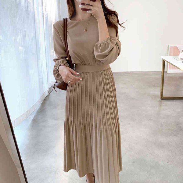 

casual dresses [ewq] korea chic autumn trend women solid color o neck belt fashion simple pleated long-sleeved dress 16e2125 18p2, Black;gray