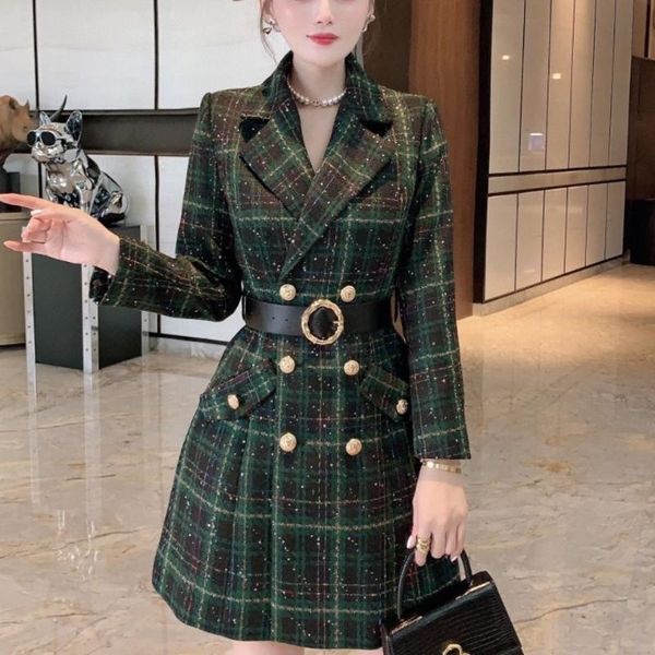 

women's trench coats temperament plaid coat 2021 autumn suit collar slim jacket leisure age-reducing woolen, Tan;black