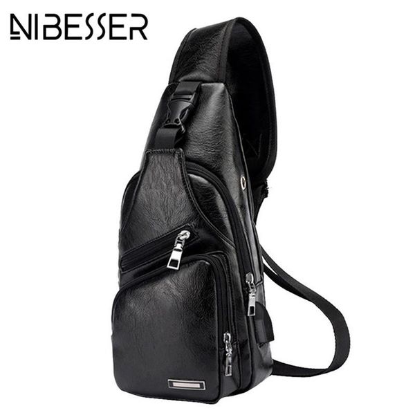 

waist bags nibesser chest bag men pu leather pack usb backbag with headphone hole functional travel organizer male sling