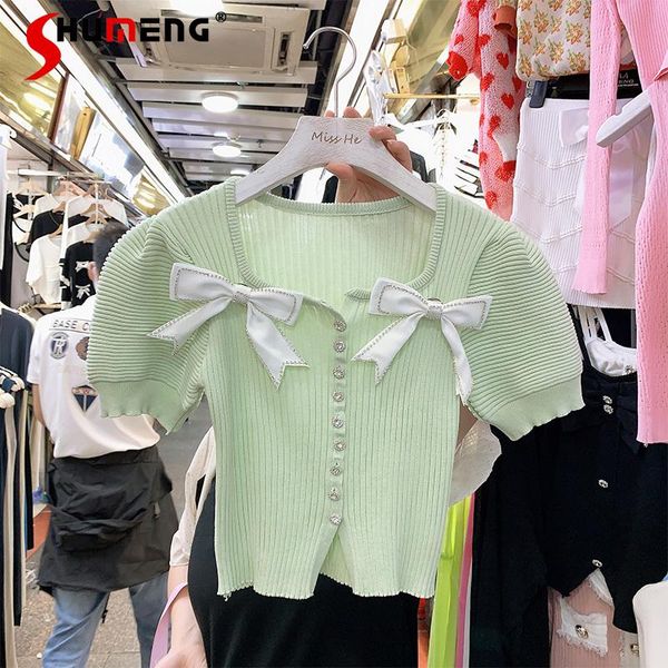 

women's knits & tees 2021 summer diamond bow square collar puff sleeve female solid color sweet short knit sweater ladies, White