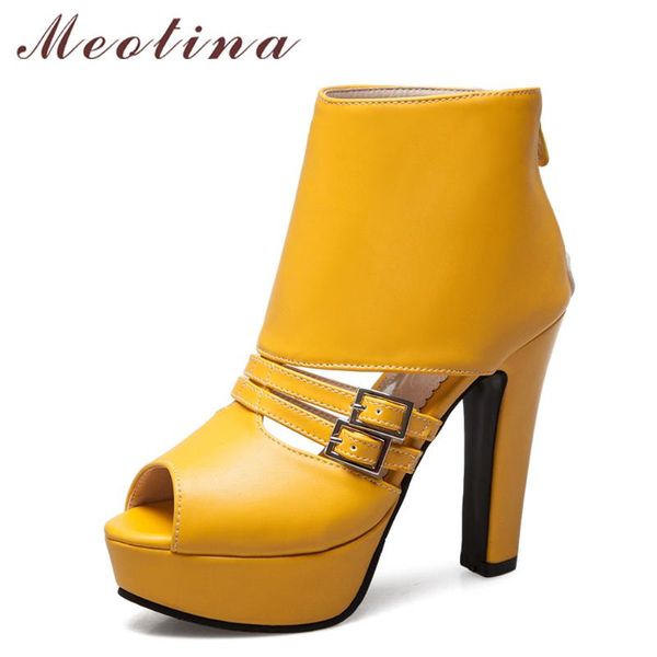

dress shoes meotina women pumps high heels platform peep toe buckle zip 2021 spring spike ladies party yellow size 34-43, Black