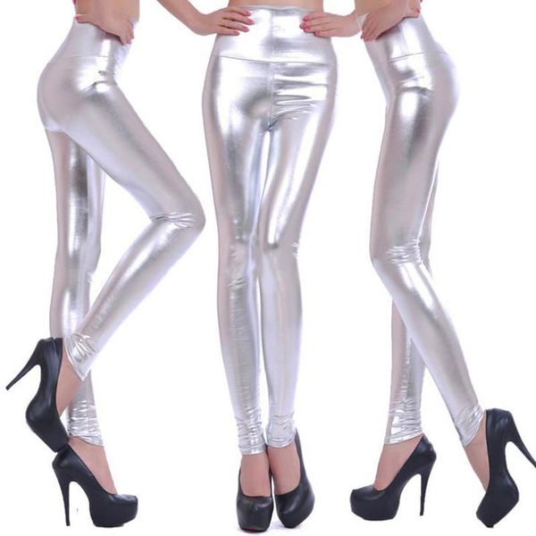 

women's pants & capris high-waisted women shiny silver leggings stretch pencil lady fashion slim high waist, Black;white