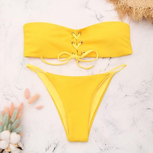 

one-piece suits neon solid yellow micro bikini women off shoulder bandeau bandage push up swimsuit bathers bathing suit high waist swim