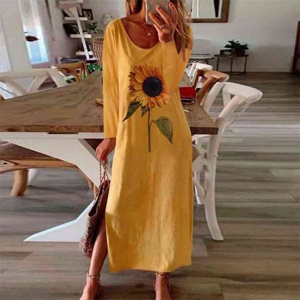 Verão Praia Maxi Vestido Mulheres Girassol Impressão Boho Long Casual Manga Curta O-Pescoço Split Partido Robe Femme Plus Size 210517