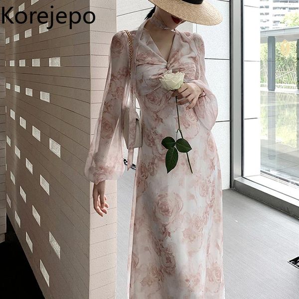 

casual dresses korejepo women dress 2021 autumn french fairy sweet gentle style rose printed v-neck lantern sleeve temperament waist long, Black;gray