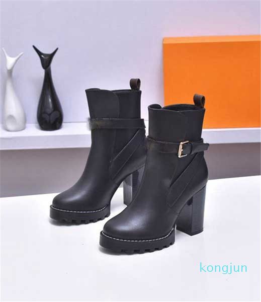 

designer- fashion women warm martin boots autumn winter classic high-heeled 9.5cm ladies thick heels leather casual boot, Black