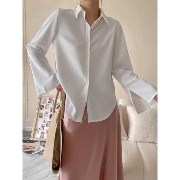 

women's blouses & shirts chic ladies loose turn-down collar white long sleeve single-breasted women satin blouse spring female 2021
