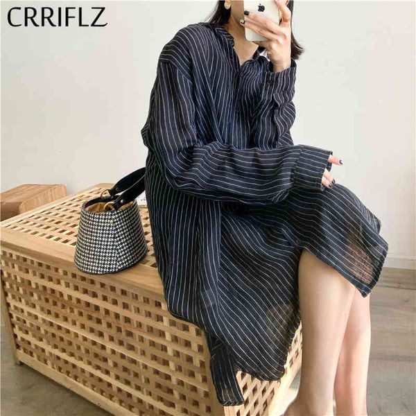 

autumn casual loose linen striped dress women full sleeve turn-down collar knee-length shirt crriflz 210520, Black;gray