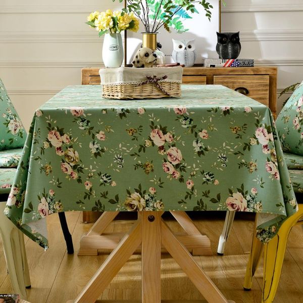 

1pcs home table cover green cloth rose floral printing linen cotton rectangular tablecloth tea party desk decoration