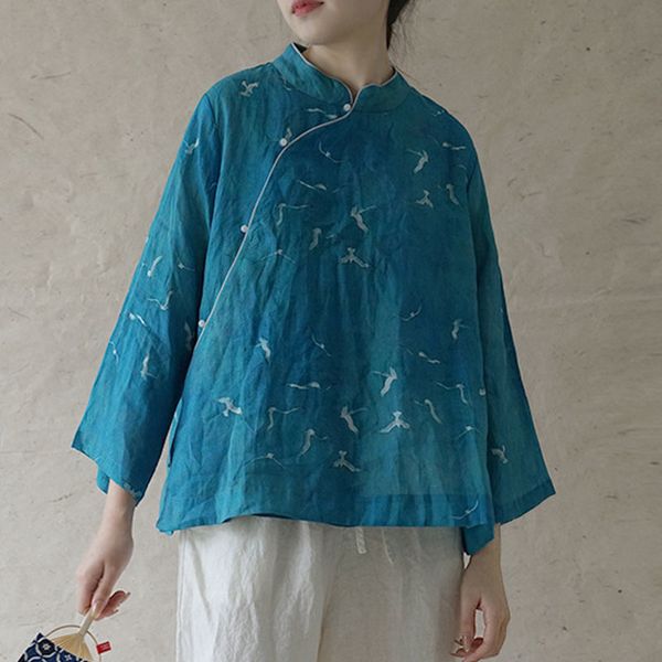 

johnature spring summer cotton linen retro stand plate buckle floral print shirt loose comfortable all-match women 210521, White