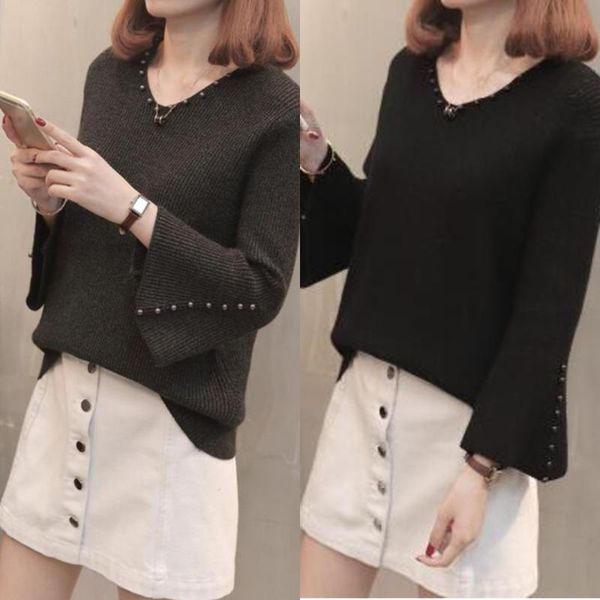 

women's sweaters horn v-neck sleeve fashion women sweater female all-match beading knitted solid color pullover clothing womens, White;black
