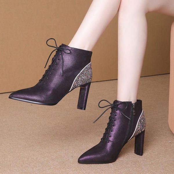 

boots mljuese 2021 women ankle sheepskin purple color lace up pointed toe winter short plush high heels party dress, Black