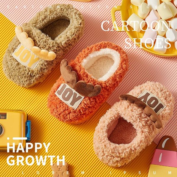

slipper joy print winter cute home child short plush warm soft cotton kids slippers boys girls floor indoor shoes small size baby, Black;grey