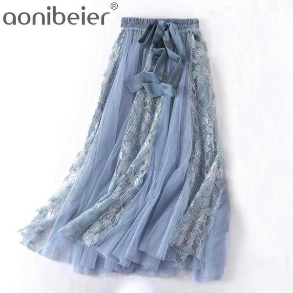 

fashion elastic high waist women pleated detail maxi skirt summer mesh and lace patchwork up swing casual 210604, Black