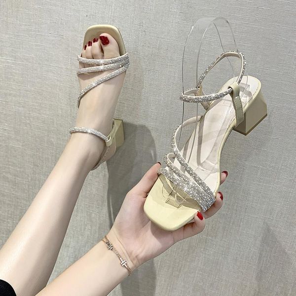 

sandals female sandal high heels fashion womens shoes 2021 buckle strap med all-match girls high-heeled luxury clear beige summer comfor, Black