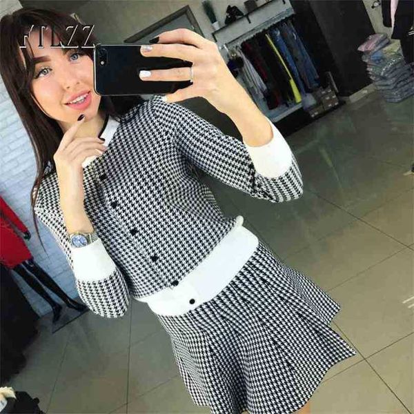 

woman outfit fashion two piece sets autumn single breasted cardigan + a-line skirt suits women knitted tracksuits 210525, White