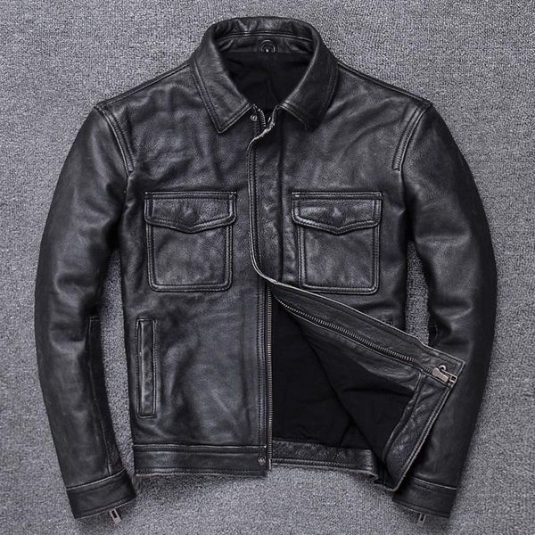 

men's leather & faux cowhide lear man cultivate paragraphs short denim jacket tea core double color restoring ancient ways do old motor, Black